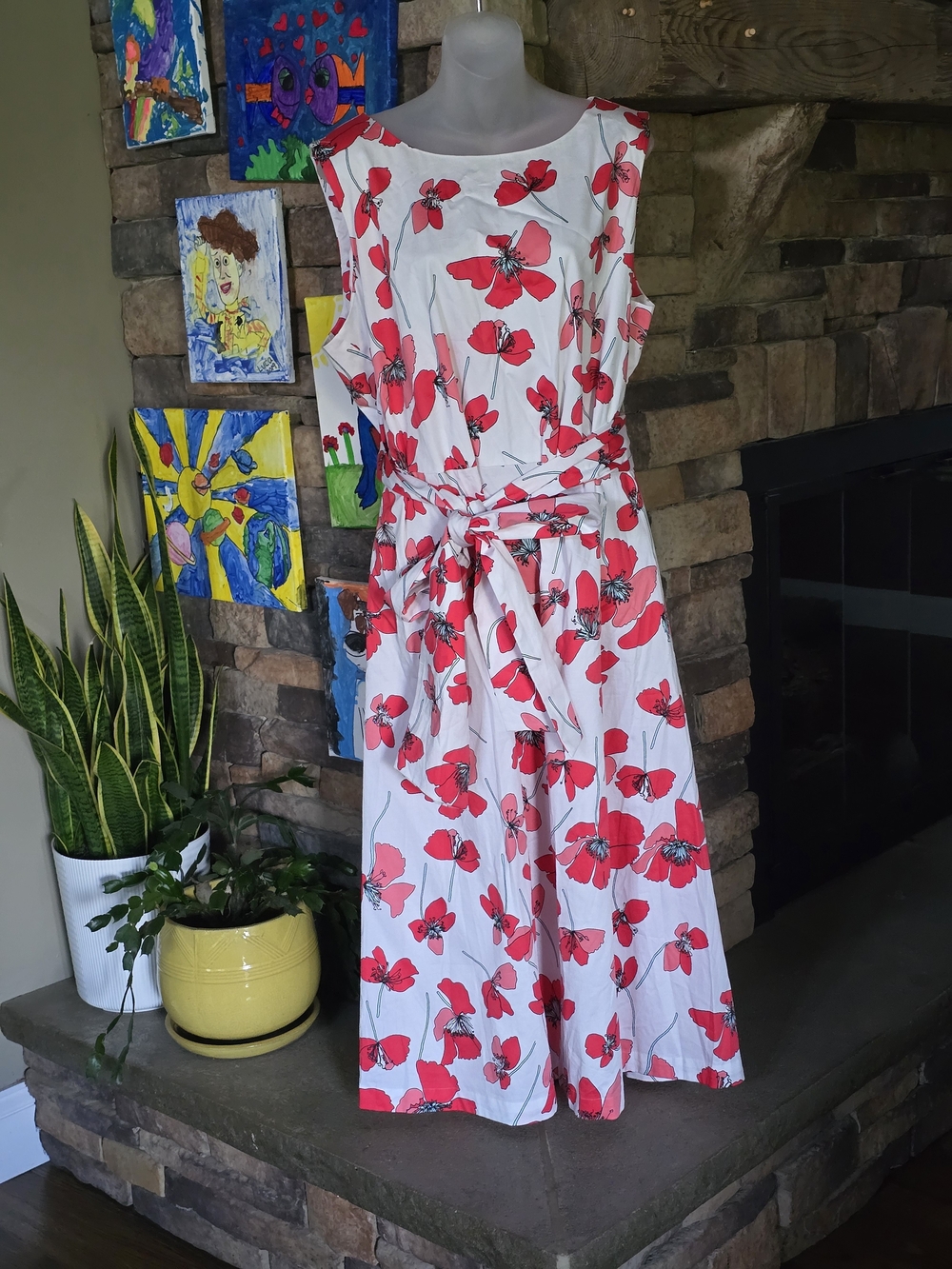 Anne Klein White Midi Dress with Red Floral Print and Waist Tie Size 2X